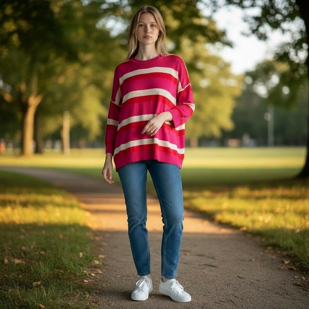 Band of Gypsies Striped Oversized Cotton Sweater Magenta Red Pink Medium NEW